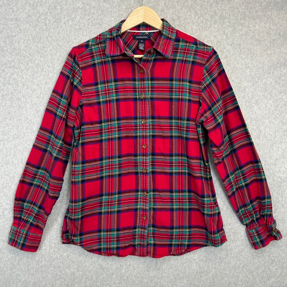 Lands End Flannel Shirt Red Plaid Tartan Button Down Holiday Prep Women Size 8